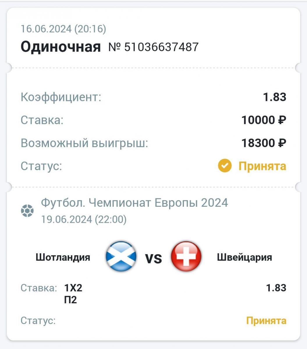 Сделать ставку на матч Шотландия Швейцария 19.06.2024