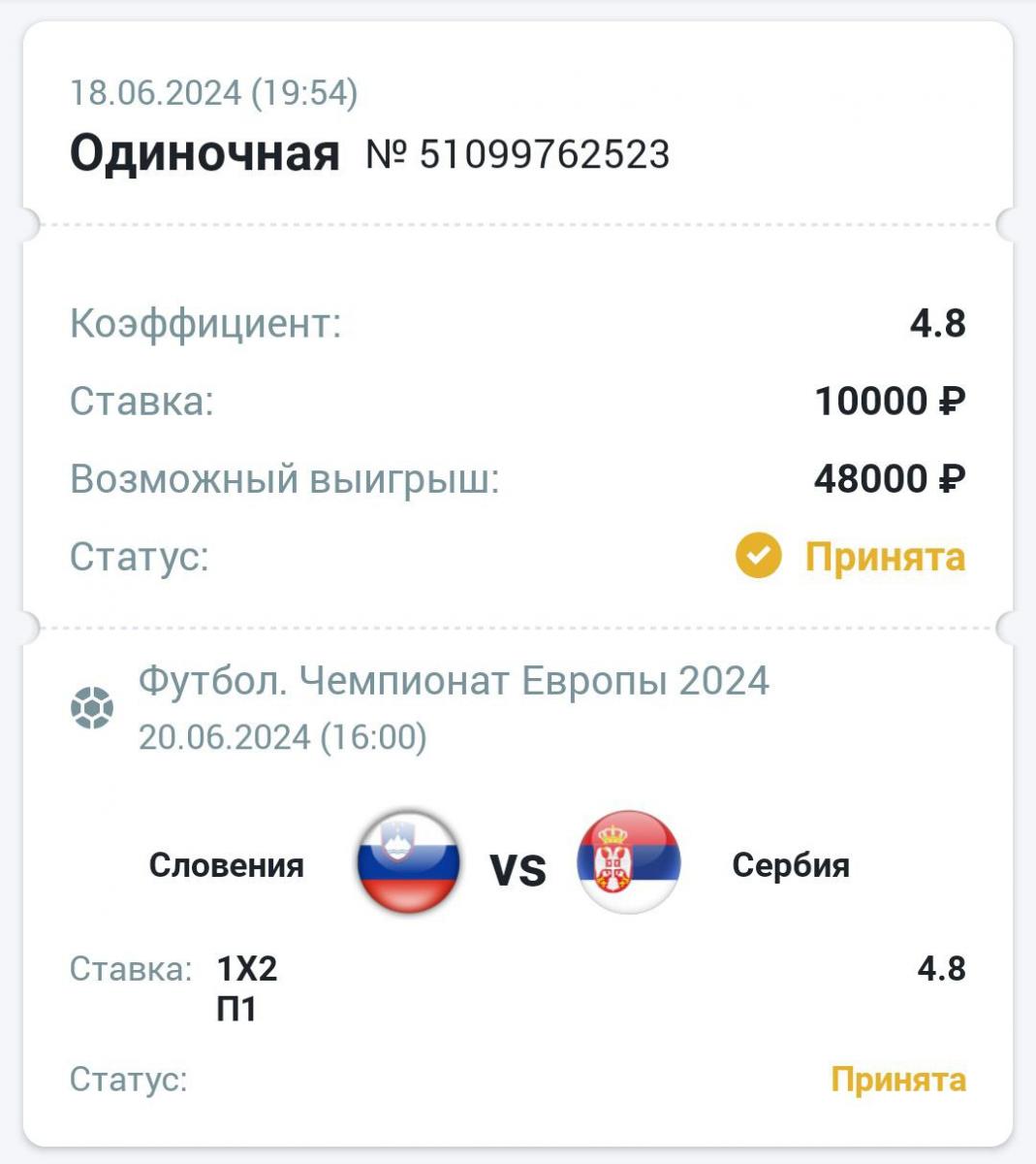 Сделать ставку на матч Словения Сербия 20.06.2024